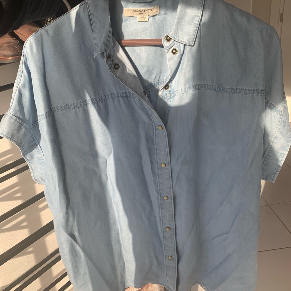 NWOT All saints small denim top snap up